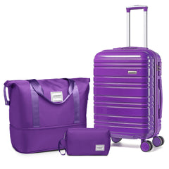 Hard Shell Carry-On Luggage Set 3 Pieces With Duffel & Toiletry Bag Purple