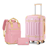 Vintage Luggage Sets 3 Piece Hard Suitcase With Travel Backpack Pink