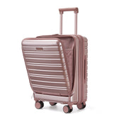 Airline-standard 20-inch rose gold carry-on suitcase with front-opening lid and expandable design