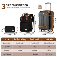 Vintage Luggage Sets 3 Piece Hard Suitcase With Travel Backpack Black