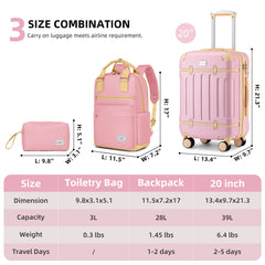Vintage Luggage Sets 3 Piece Hard Suitcase With Travel Backpack Pink