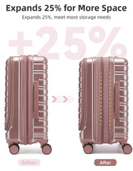 Airline-standard 20-inch rose gold carry-on suitcase with front-opening lid and expandable design