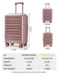 LARVENDER 20-inch Elegant Rose Gold Luggage with Spinner Wheels TSA Lock