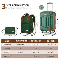 Vintage Luggage Sets 3 Piece Hard Suitcase With Travel Backpack Green