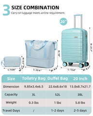 Hard Shell Carry-On Luggage Set 3 Pieces With Duffel & Toiletry Bag Light Blue