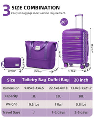 Hard Shell Carry-On Luggage Set 3 Pieces With Duffel & Toiletry Bag Purple