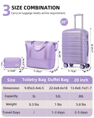Hard Shell Carry-On Luggage Set 3 Pieces With Duffel & Toiletry Bag Lavender