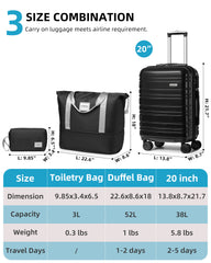 Hard Shell Carry-On Luggage Set 3 Pieces With Duffel & Toiletry Bag Glossy Black