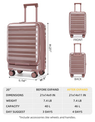 Airline-standard 20-inch rose gold carry-on suitcase with front-opening lid and expandable design