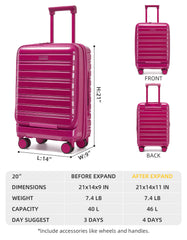 Front Opening Design Larvender 20-inch Carry-On Luggage, Airline Compliant & TSA Lock Included
