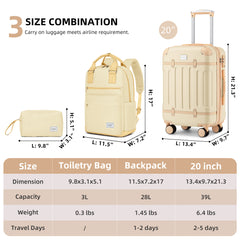 Vintage Luggage Sets 3 Piece Hard Suitcase With Travel Backpack Beige