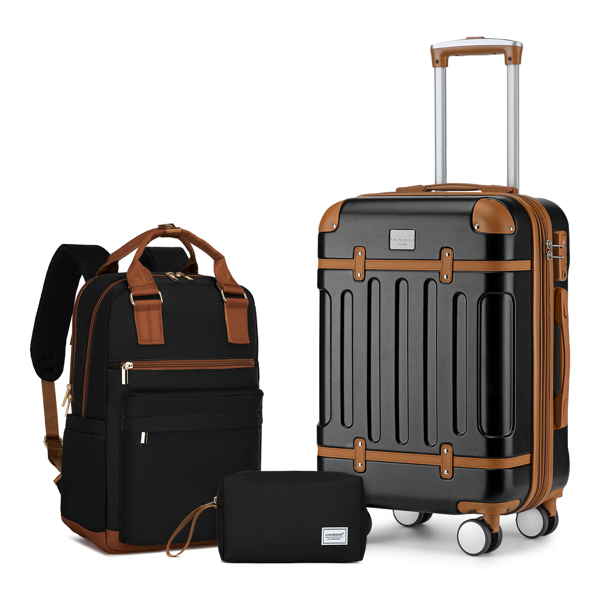 Vintage Luggage Sets 3 Piece Hard Suitcase With Travel Backpack Black