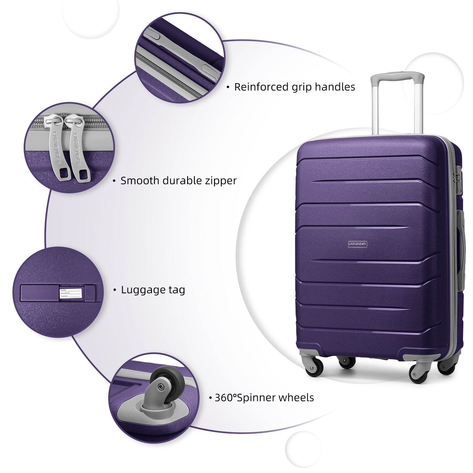 20/24/28 Inch PP Hard Shell Luggage 5 Piece Purple