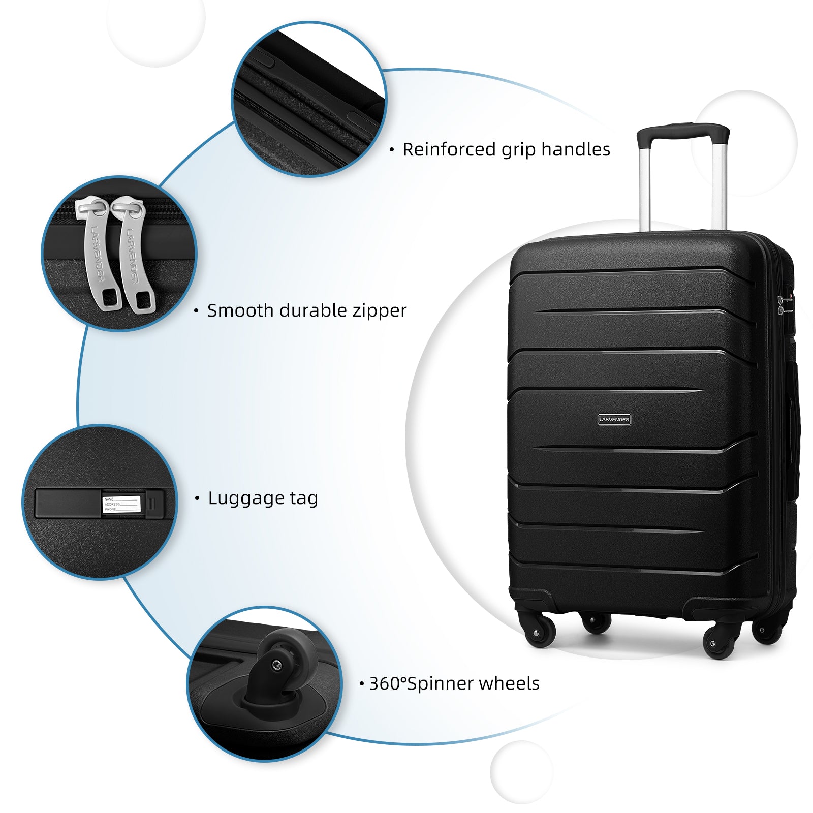 20/24/28 Inch PP Hard Shell Luggage 5 Piece Black
