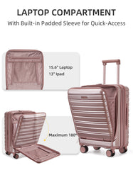 Airline-standard 20-inch rose gold carry-on suitcase with front-opening lid and expandable design