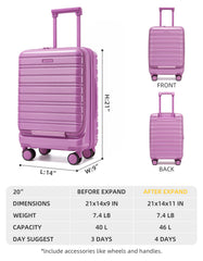 Larvender Front Opening 20-inch Carry-On Luggage, Airline Compliant with TSA Lock
