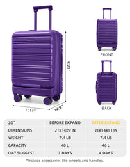 Larvender Airline-compliant 20-inch Luggage, Front Flip Panel with Built-in TSA Lock