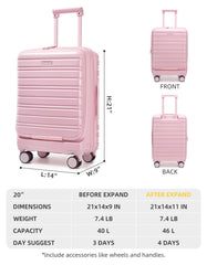 LARVENDER Classic Pink 20-Inch Carry-On Suitcase with TSA Lock and Smooth, Silent Wheels