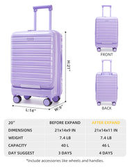 Larvender Airline Compliant 20-inch Front Opening Carry-On Luggage with Reliable TSA Lock